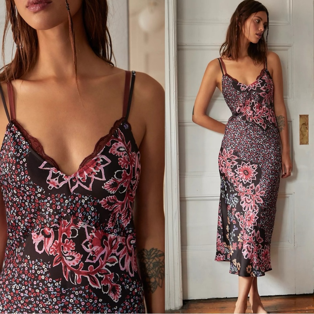 Free People Your Better Side Midi Slip Dress in Black Floral Medium NWT 90s Y2K - Picture 3 of 17